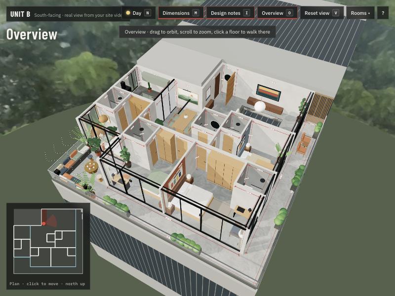Cut-away overview of Unit B showing all rooms and the L-shaped balcony