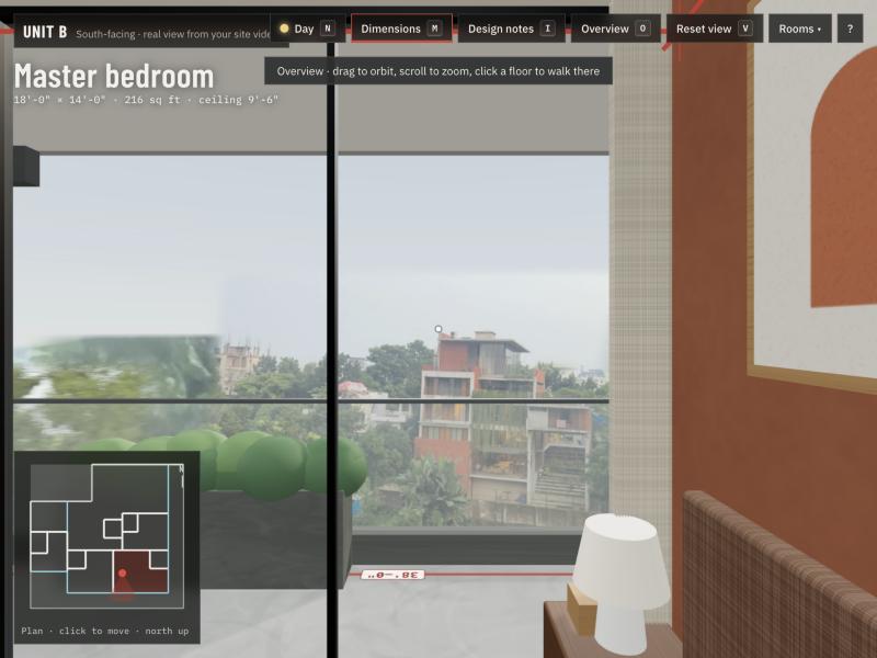 Unit B master bedroom looking south at a red-brick house with hanging greenery, from the site video